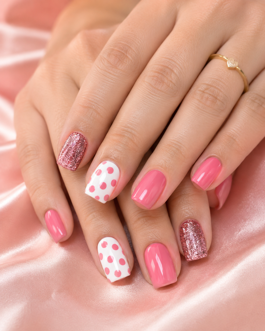 Uñas esculpidas con diseño en rosa y dorado